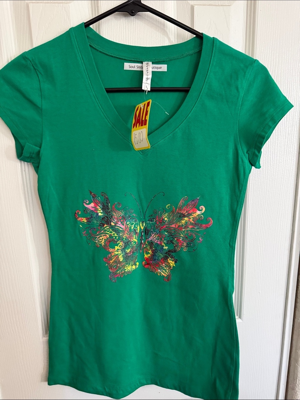Reserved Green V-Neck Tee with Colorful Butterfly Graphic - Picture 1 of 4